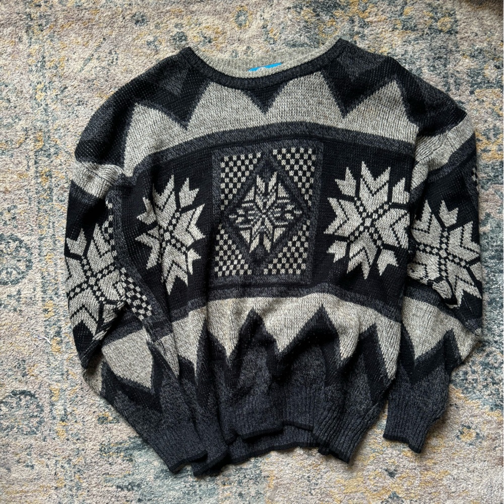 Black and Gray Knit Sweater with Snowflake Pattern